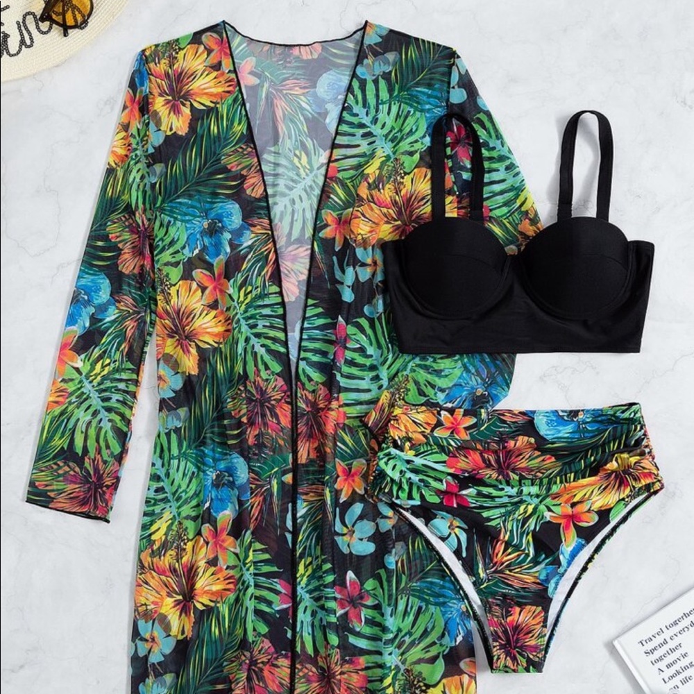 3 Piece Tropical Floral Print Push Up High Waisted Bikini Swimsuit Kimono GREEN - Picture 4 of 13